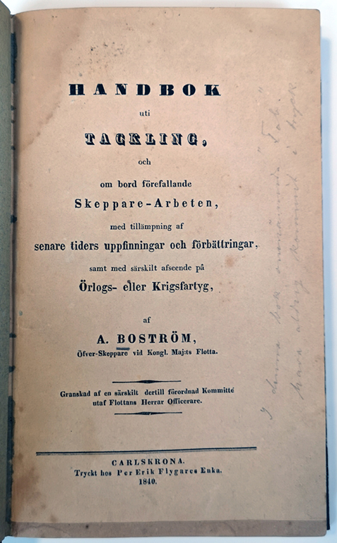 Försättsbladet ur A. Bobergs handbok i tackling (1840)