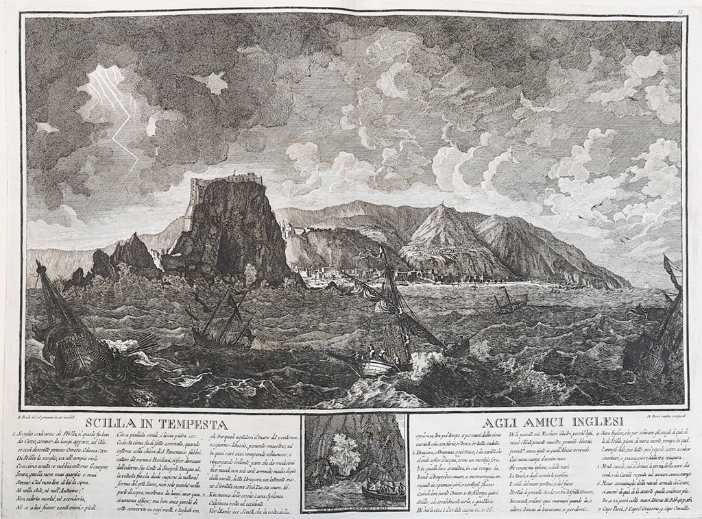 Uppslag ur "Tavole naturali istoriche di Scilla e Cariddi e del Canale di Messina", 1775