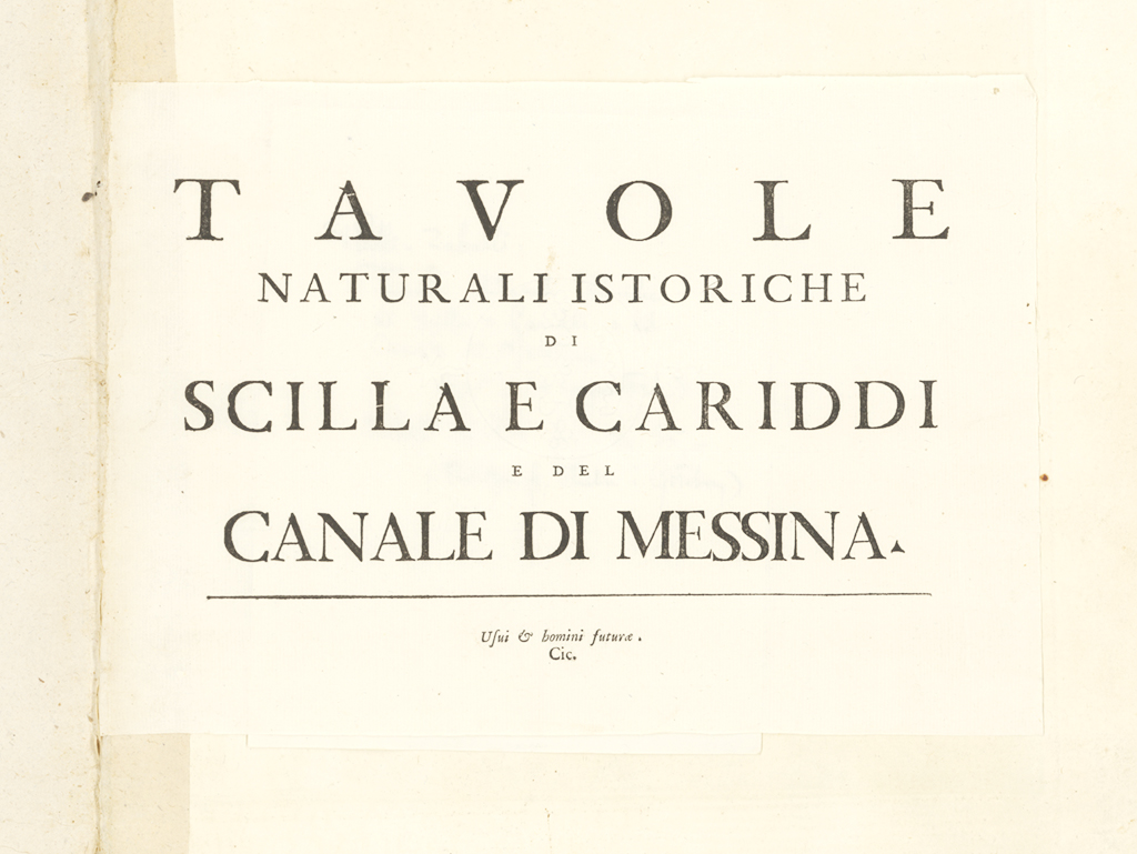 Försättsblad till "Tavole naturali istoriche di Scilla e Cariddi e del Canale di Messina", 1775