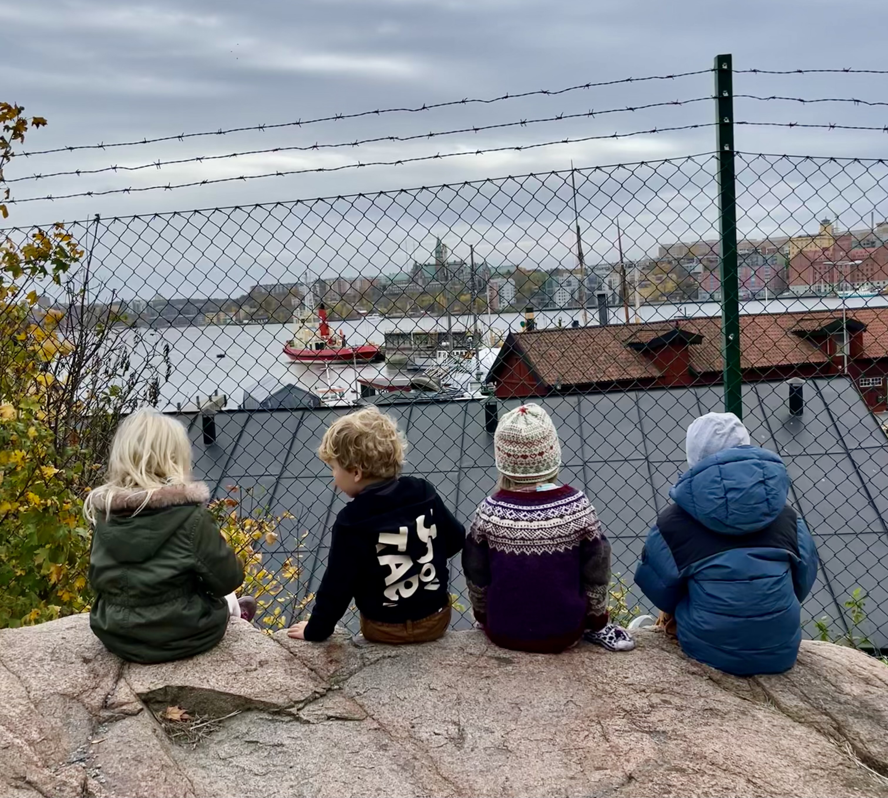 Fyra barn sitter på en höjd och tittar ut över Stockholms hamn.