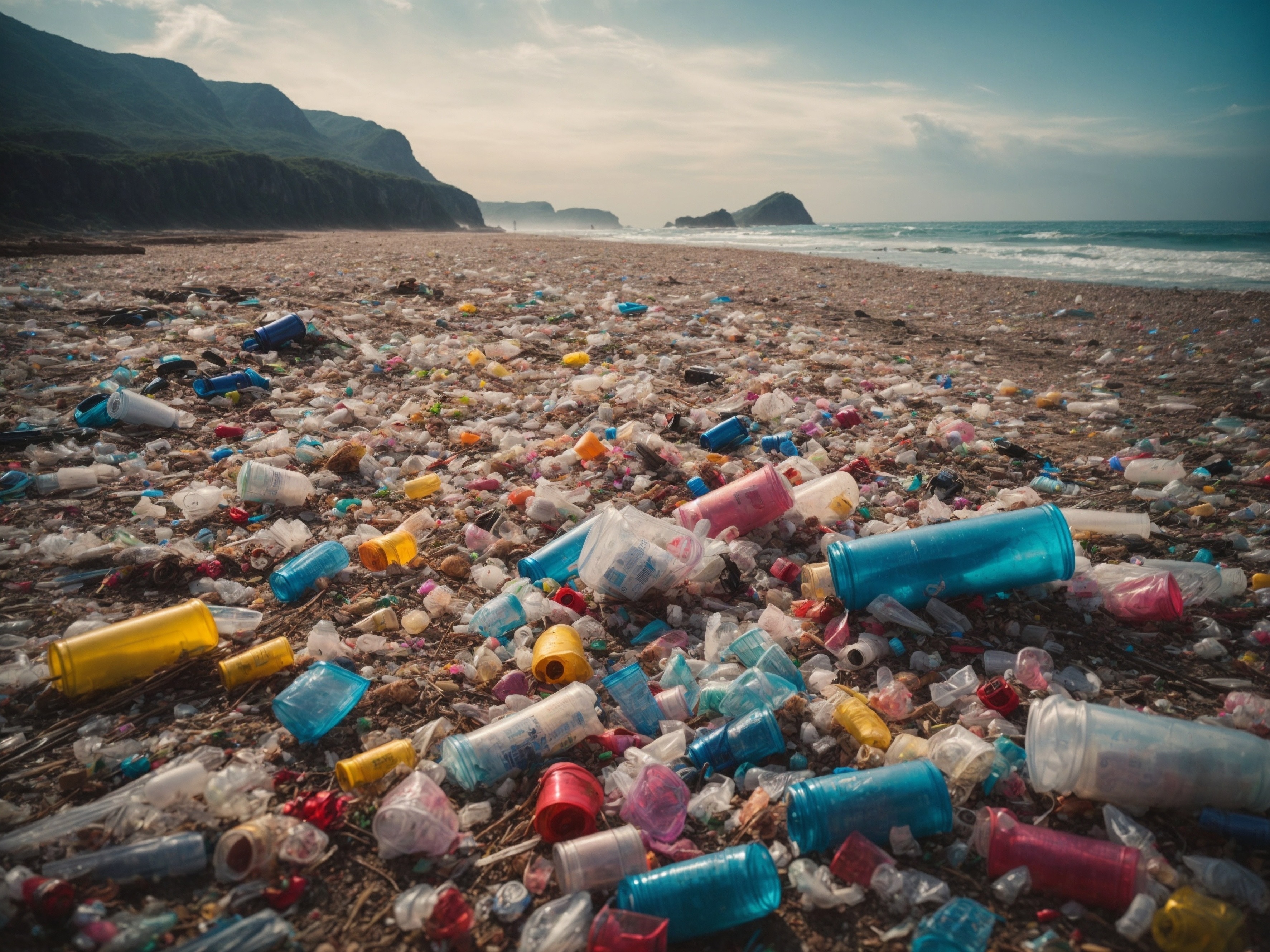 En sandstrand fylld med plastskräp.